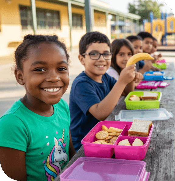 Children sitting at a table with lunchboxes outdoors, smiling and enjoying their meals, with a school building in the background
