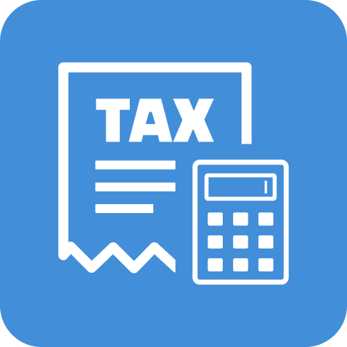 Icon of a tax document and calculator on a blue background.