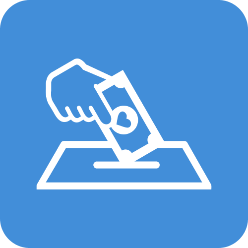 A white outline of a hand placing a dollar bill into a mailbox on a blue background.