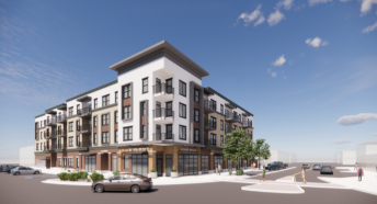 A modern multi-story apartment building with white and brown exterior, large windows, and ground-floor shops, on a city street with cars and a tree.