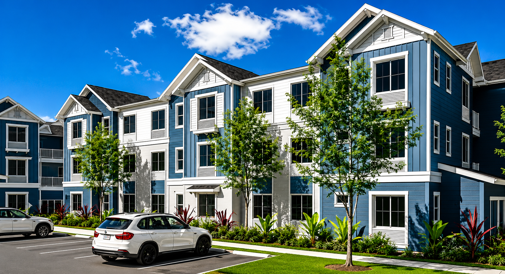 Colorful apartment complex with blue and white exterior, multiple trees, and cars parked in front on a sunny day.
