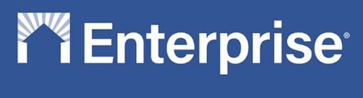 Enterprise Rent-A-Car logo with a blue background and white text, featuring a stylized blue roof or house icon above the word 'Enterprise'.
