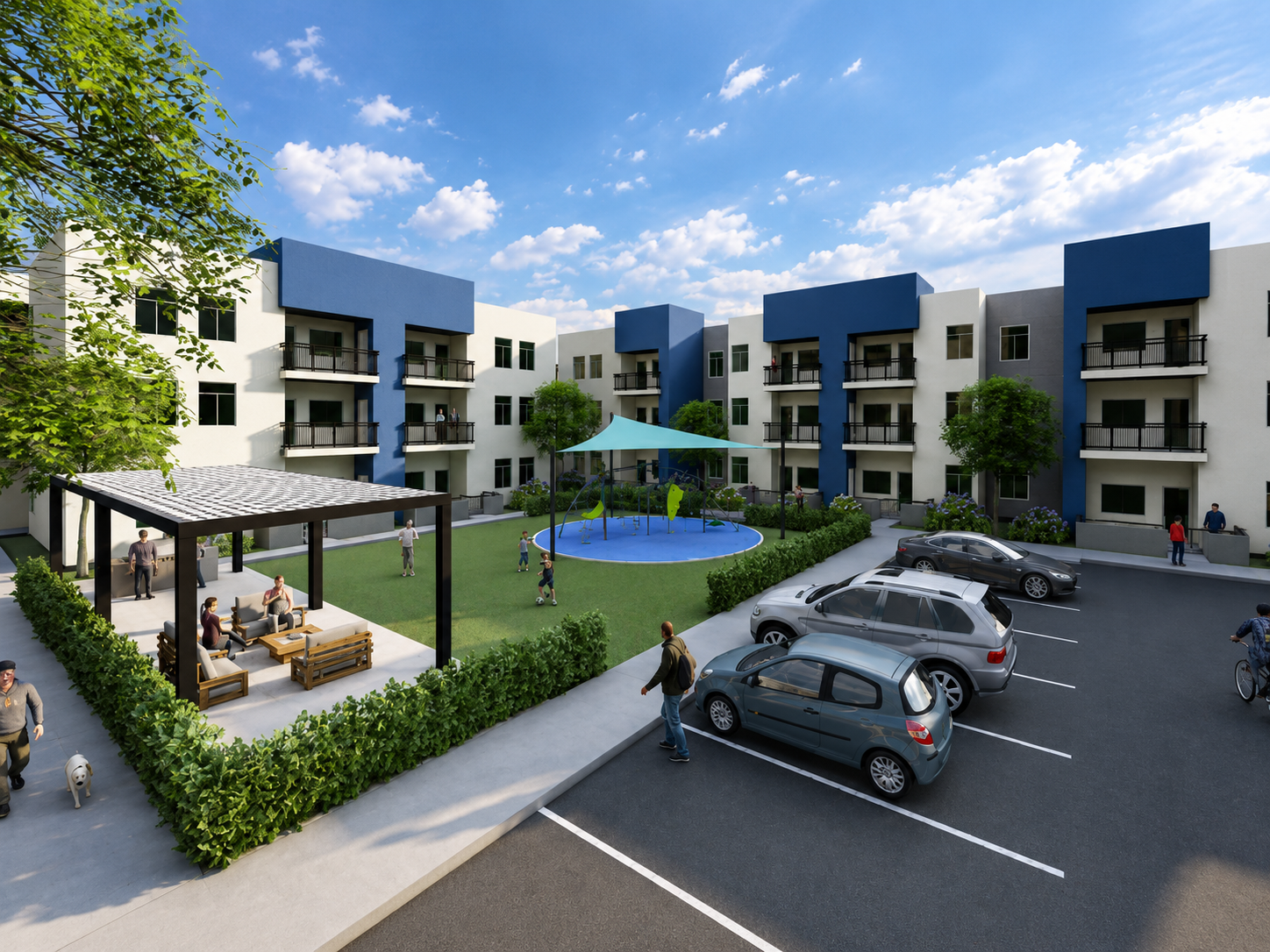 Modern apartment complex with a central courtyard featuring a playground, a shaded seating area, and parking lot, during daytime with partly cloudy sky.