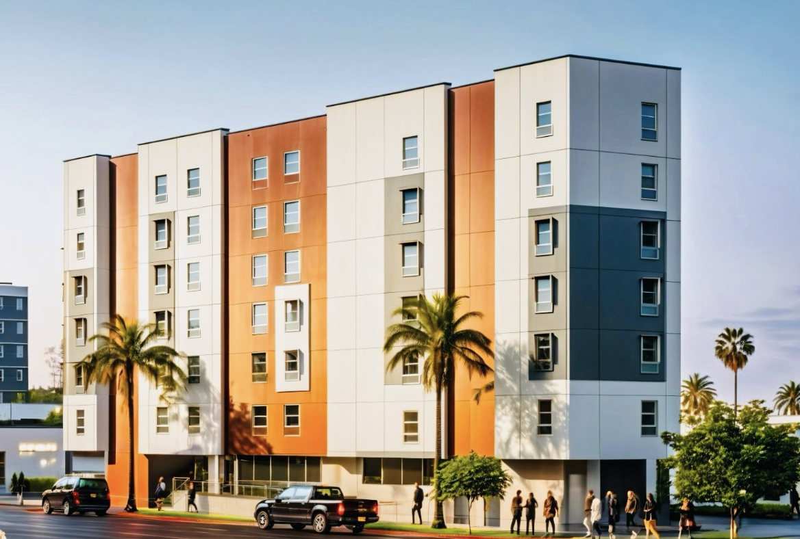 Modern multi-story apartment building with white, orange, and dark gray panels, surrounded by palm trees, and pedestrians walking on the sidewalk during daytime.