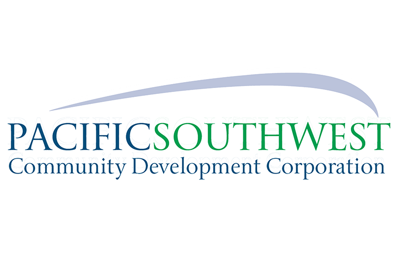 Logo for Pacific Southwest Community Development Corporation, featuring stylized blue and green text with a curved gray and blue arc above.