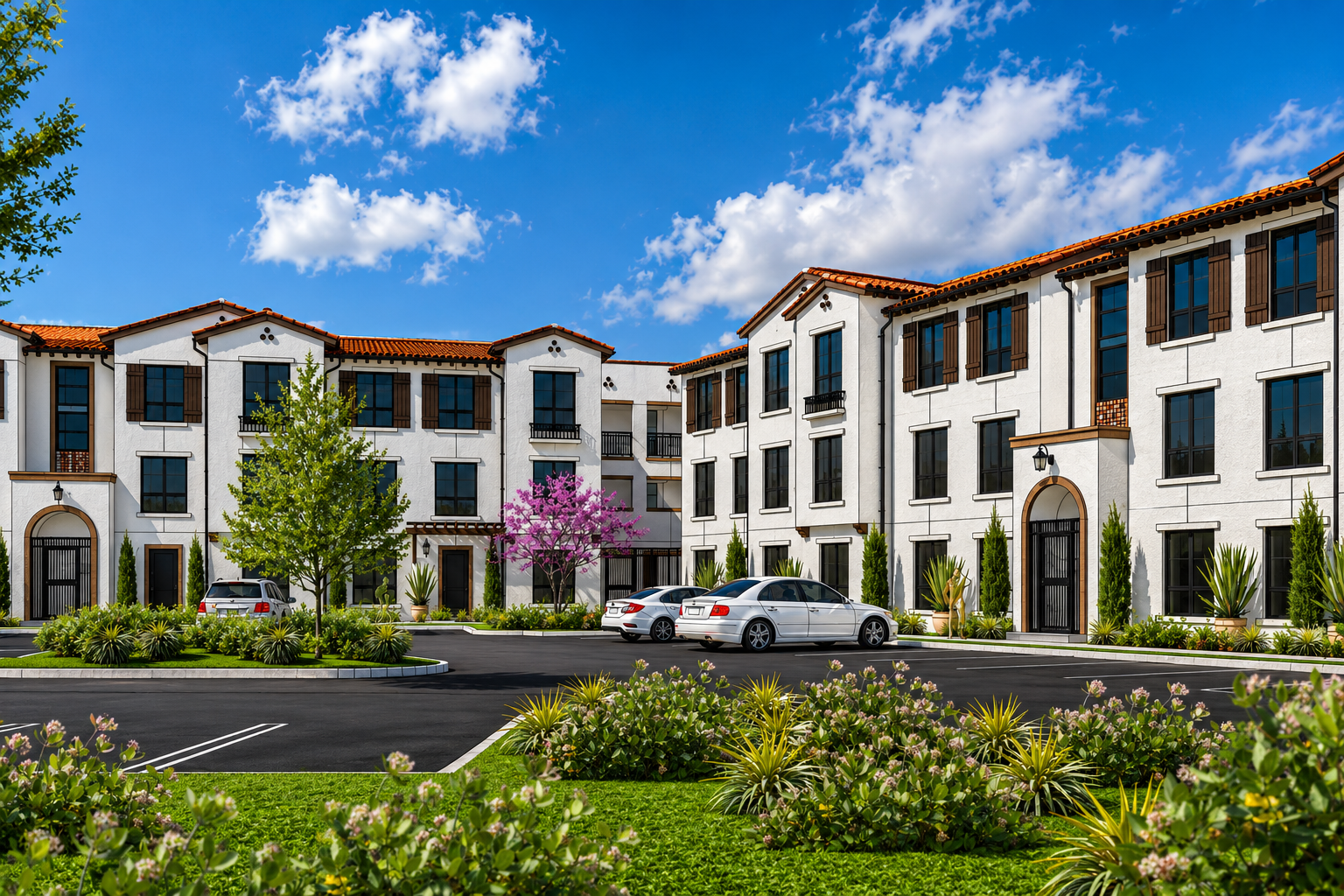 A modern apartment complex with white walls and terracotta roof tiles, surrounded by landscaped gardens, parking spaces, and trees under a blue sky with scattered clouds.