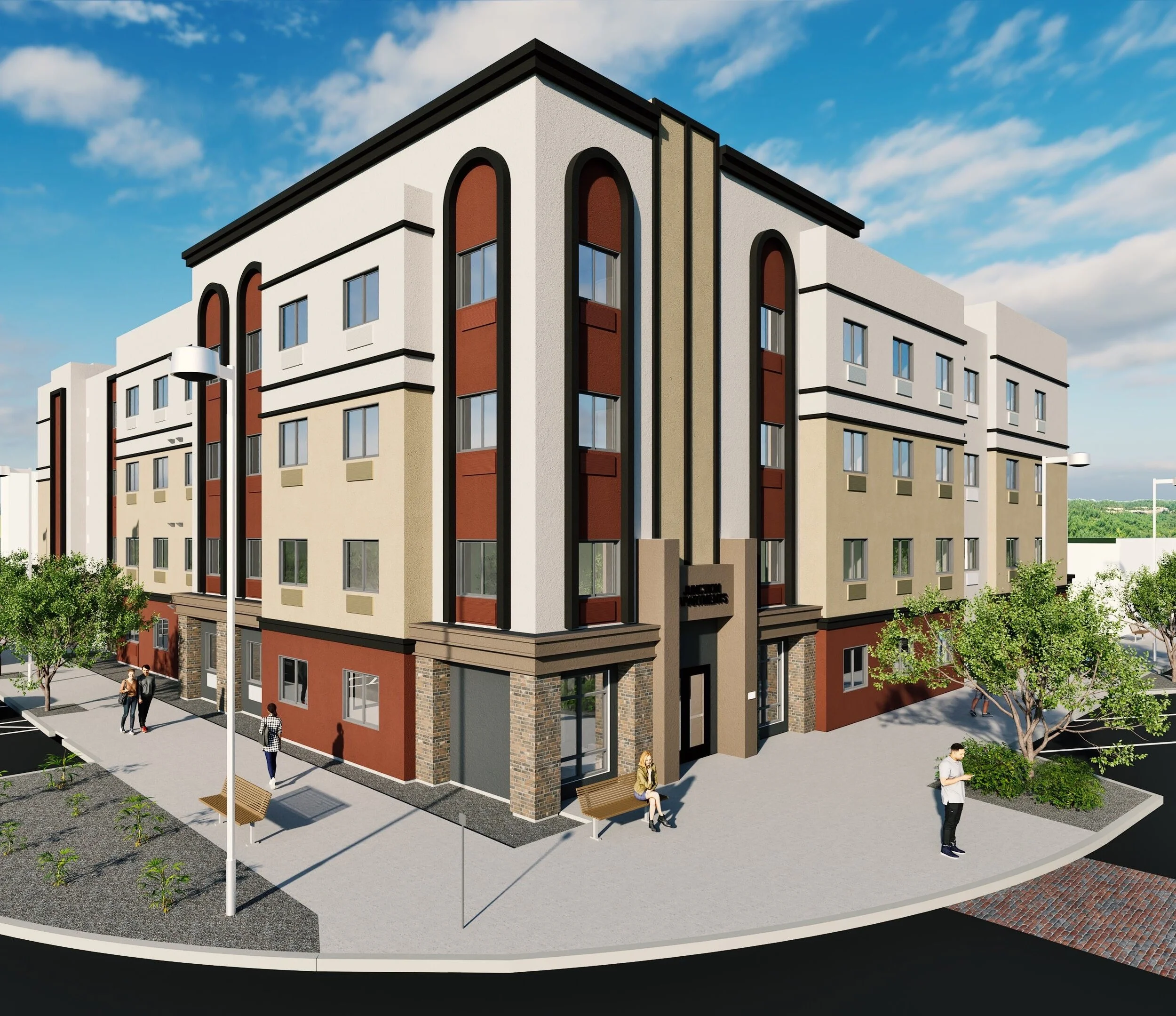 A digital rendering of a modern, multi-story residential building with beige and white exterior walls, black accents, and large windows. There are people walking and sitting around the building, with benches and small trees in the surrounding landscaped area. The sky is clear with some clouds.