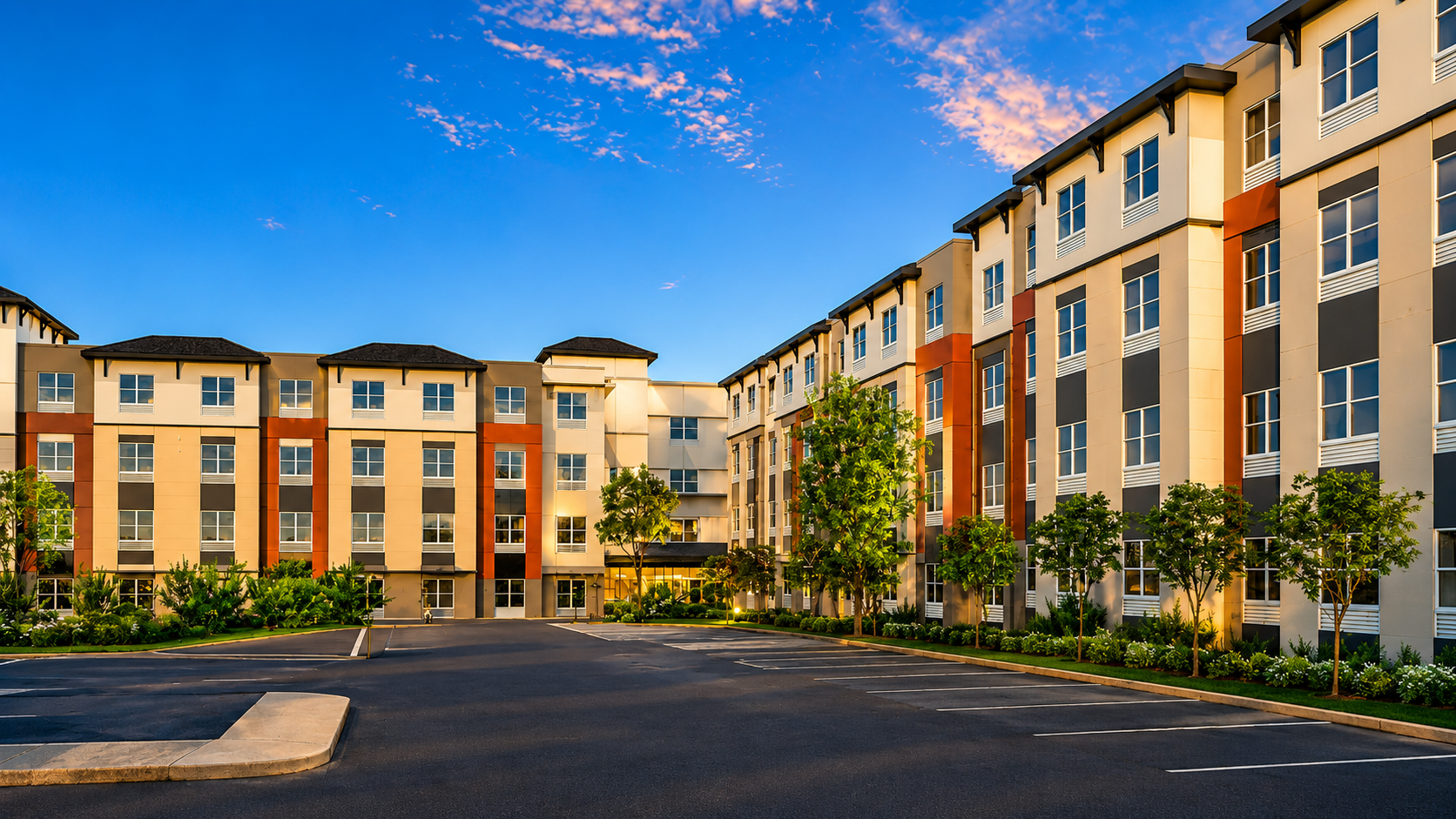 Modern apartment complex with landscaped trees and parking lot under a blue sky with scattered clouds.