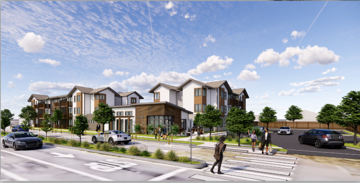 A modern multi-story apartment complex with commercial space on the ground floor, surrounded by trees, with pedestrians crossing at a crosswalk and cars parked along the street in a sunny day.