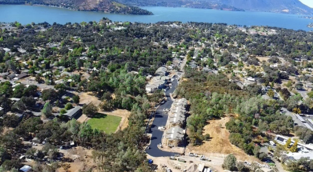 Aerial view of a residential neighborhood with trees, houses, and a body of water in the distance.
