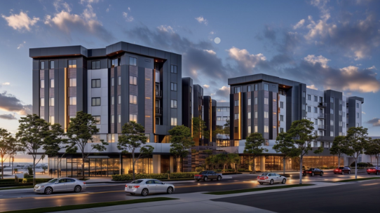 Modern multi-story apartment complex with parked cars in front, trees lining the street, during dusk with a partly cloudy sky.