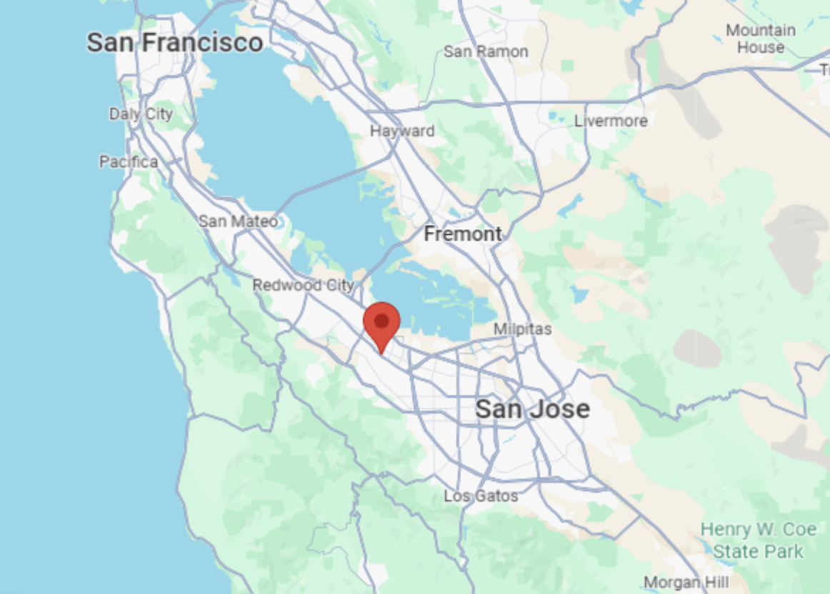 Map showing the San Francisco Bay Area, including cities like San Francisco, San Jose, Fremont, and surrounding areas, with a red location marker near San Jose.