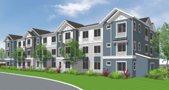 Artist's rendering of a modern multi-family residential building with gray and white exterior, surrounded by greenery and trees, under a blue sky.