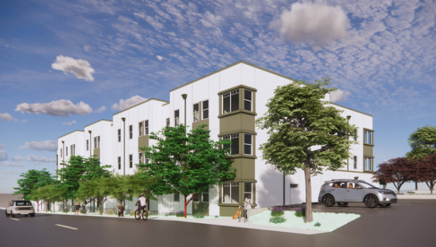 Artist's rendering of a modern, multi-story residential building with trees and parked cars in front.