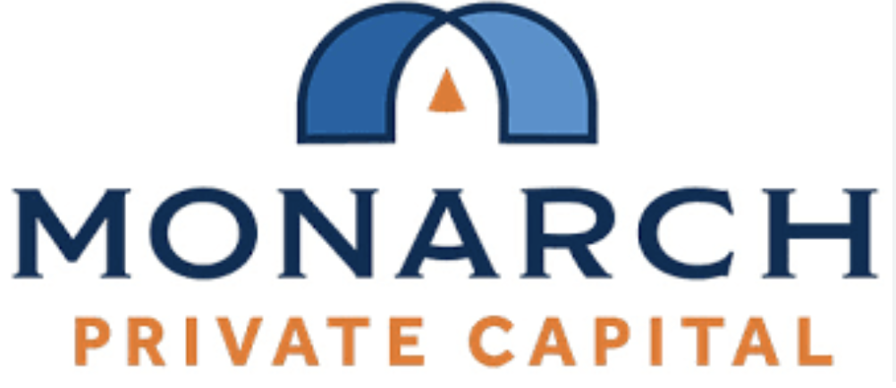 Logo for Monarch Private Capital featuring a stylized monarch butterfly in blue and orange above the company name.