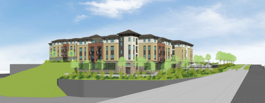 A modern multi-story residential building on a hillside with landscaped greenery and trees.