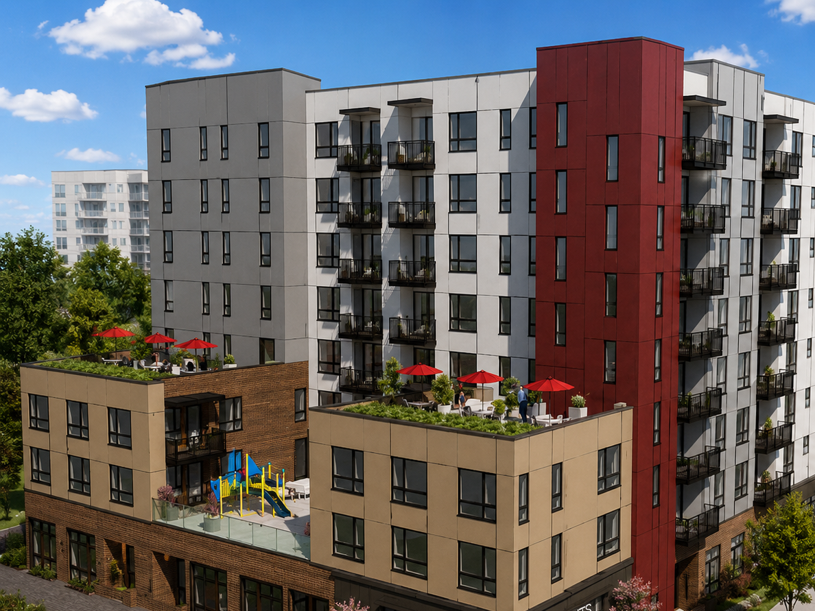 Modern multi-story apartment building with rooftop patios, outdoor seating, and a children's play area, set against a blue sky with some clouds.