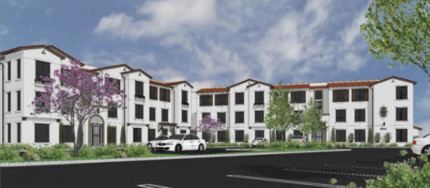 Rendering of a modern apartment complex with white stucco walls, terracotta roof tiles, and landscaped trees and parking lot.