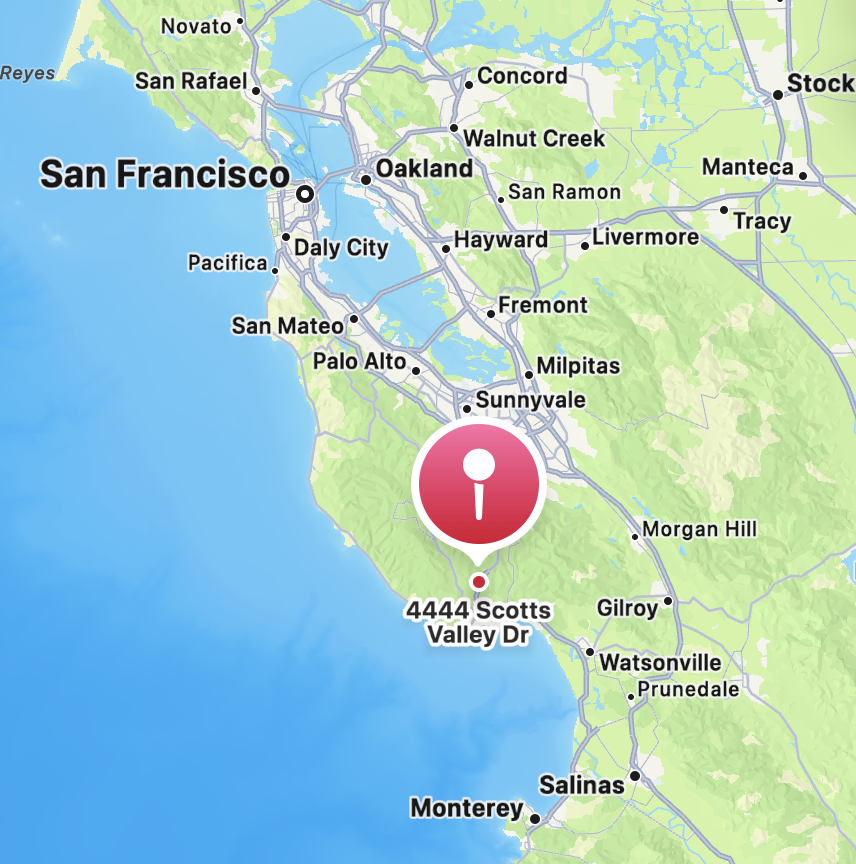 Map of San Francisco area highlighting 4444 Scotts Valley Dr in Scotts Valley, California, with an information icon marking the location.