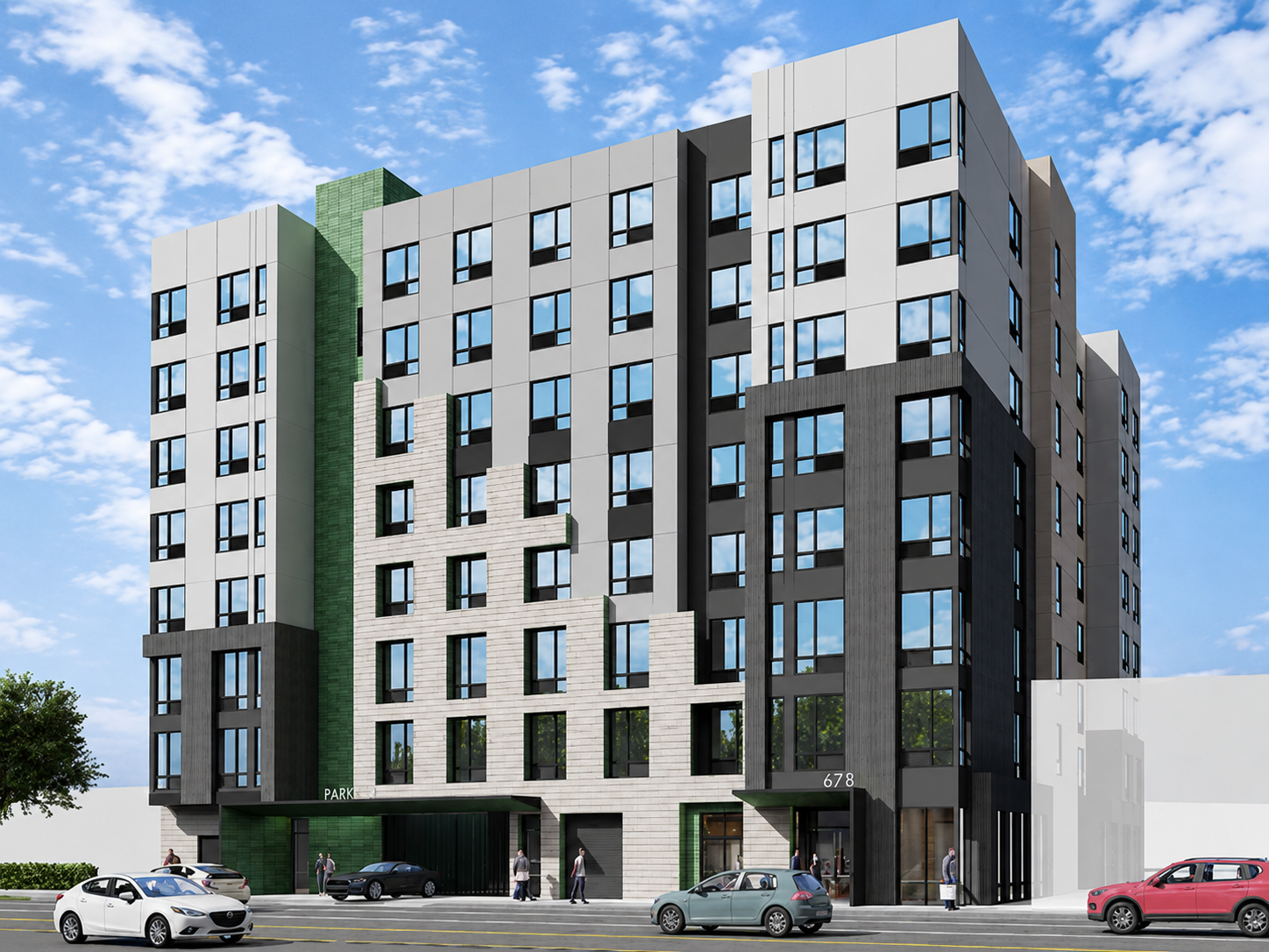 Modern high-rise apartment building with mixed concrete, dark and light panels, and large windows under a blue sky with clouds.