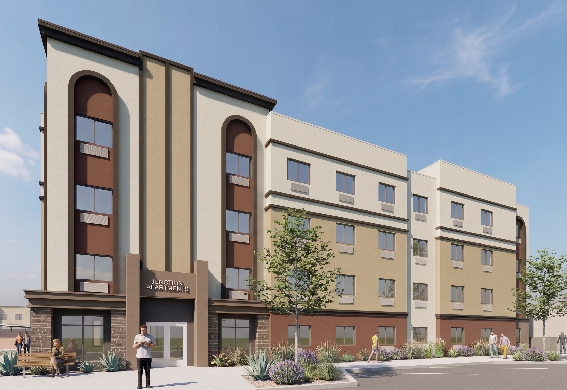 Rendering of a modern multi-story apartment building with a sign that reads "Junction Apartments." The building has beige and brown exterior walls, large windows, and minimal landscaping with small trees and shrubs. People are walking and sitting outside on benches.