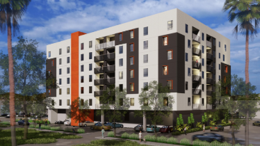 A modern multi-story apartment building with white, black, and orange exterior, surrounded by palm trees and parked cars under a partly cloudy sky.