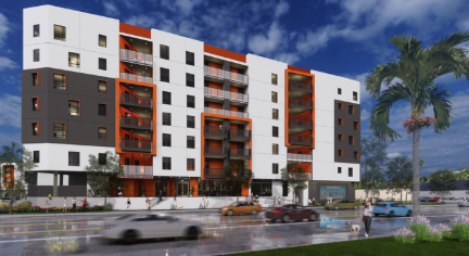 Modern multi-story residential building with orange accents, surrounding palm trees, busy street with cars, blue sky with some clouds.