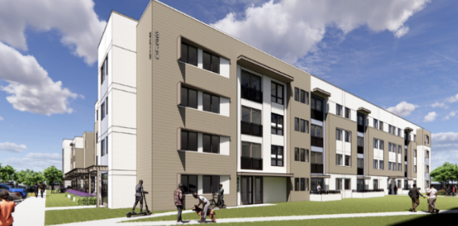 Modern multi-story apartment building with balconies, surrounded by a grassy lawn, with people walking and biking outdoors on a sunny day