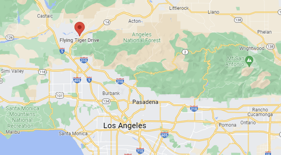 Map showing the location of Flying Tiger Drive near Los Angeles, California, with surrounding cities and landmarks such as Angeles National Forest, Mt. San Antonio, and Santa Monica Mountains.