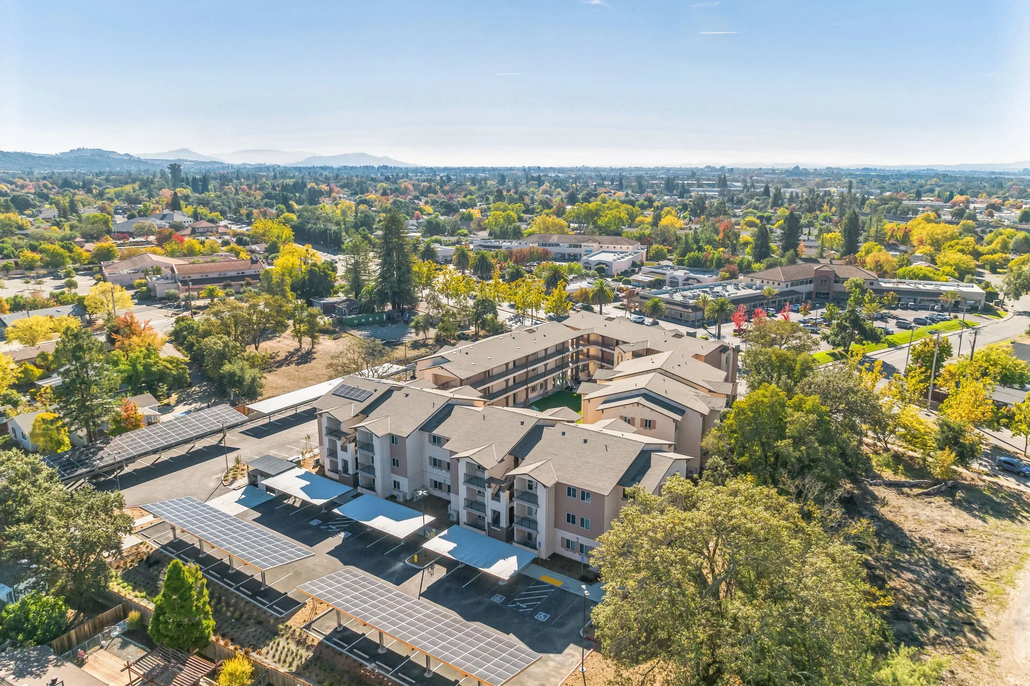 Aerial view of a suburban neighborhood with houses, trees, parking lots, and solar panels on some roofs, during a bright, clear day.