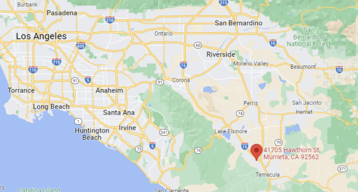 Map showing part of Southern California, with cities like Los Angeles, Anaheim, Riverside, and Temecula, highlighting 4705 Hawthorn St in Murrieta, CA.