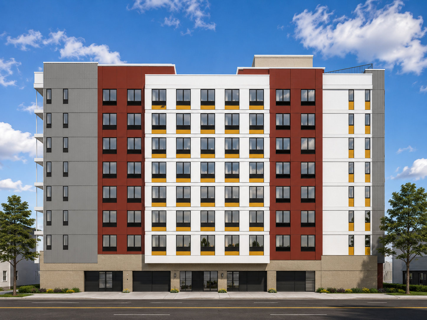 Front view of a modern multi-story apartment building with red, white, gray, and black exterior, set against a blue sky with white clouds and trees on both sides.