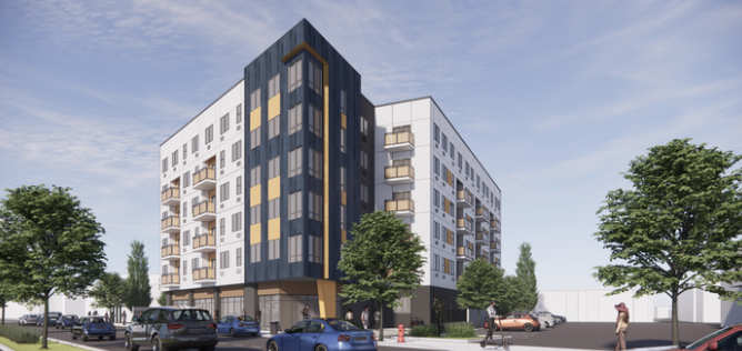 Modern multi-story residential building with balconies, surrounded by trees and parked cars on a city street.