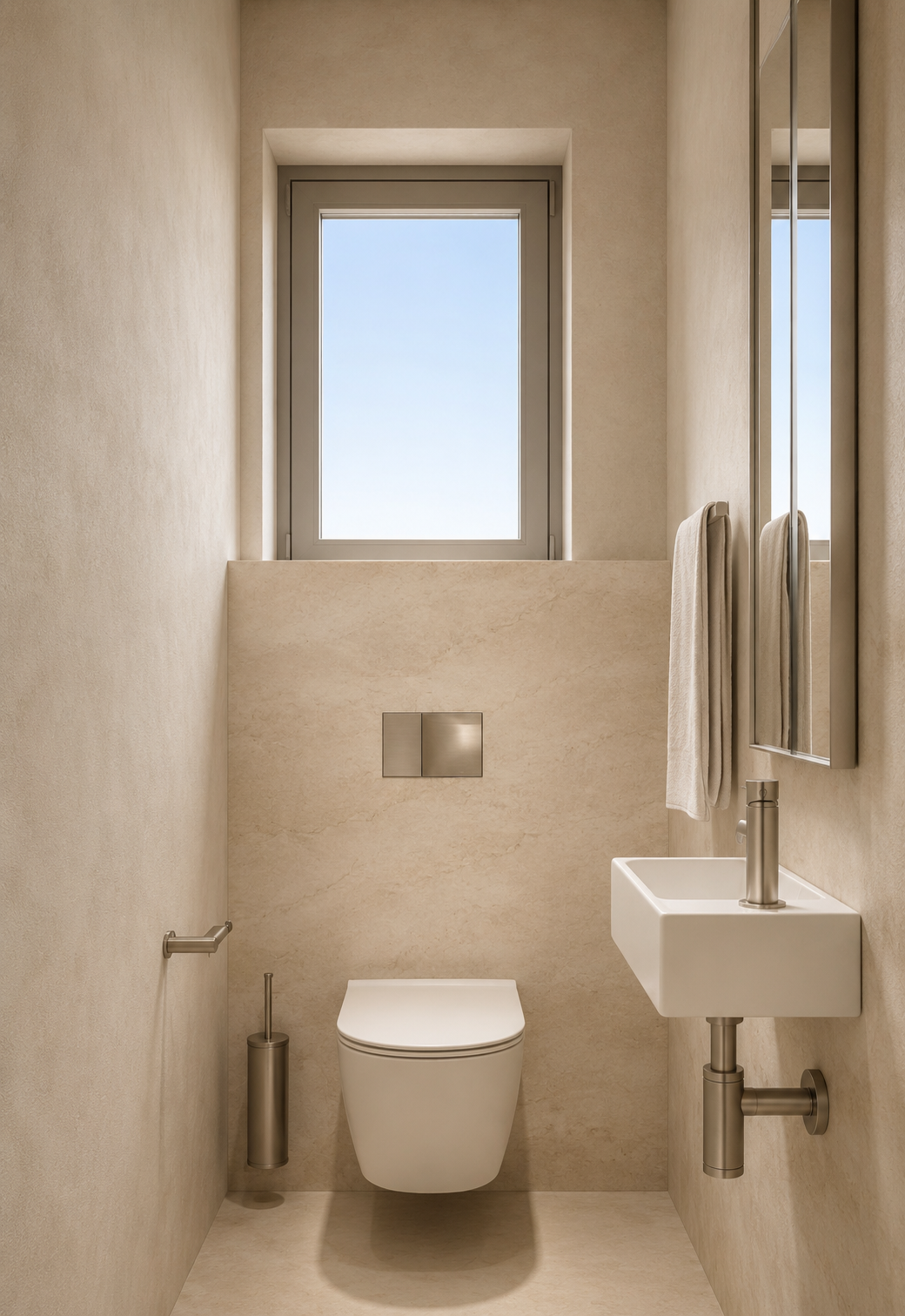 Interiér rodinného domu v Jarošově u Uherského Hradiště - samostatná toaleta se světlým obkladem a minimalistickou sanitou, návrh Obadal Architects.