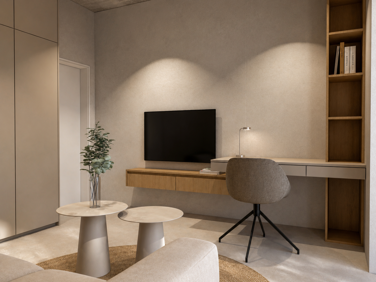 Interiér rodinného domu v Jarošově u Uherského Hradiště - pracovní část hostovského pokoje s televizní stěnou a úložnou sestavou, návrh Obadal Architects.