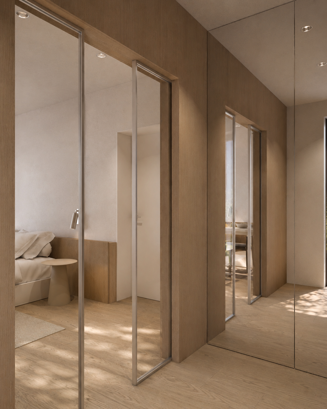 Interiér rodinného domu v Jarošově u Uherského Hradiště - ložnice s navazující šatnou a prosklenými dveřmi, návrh Obadal Architects.