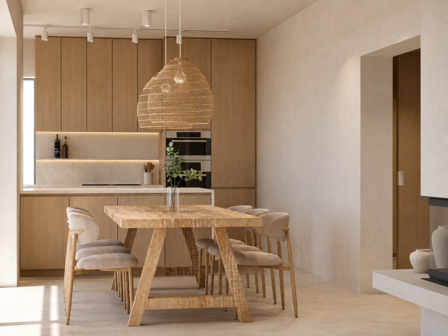 Interiér rodinného domu v Jarošově u Uherského Hradiště - jídelna propojená s kuchyní a obývacím pokojem, návrh Obadal Architects.