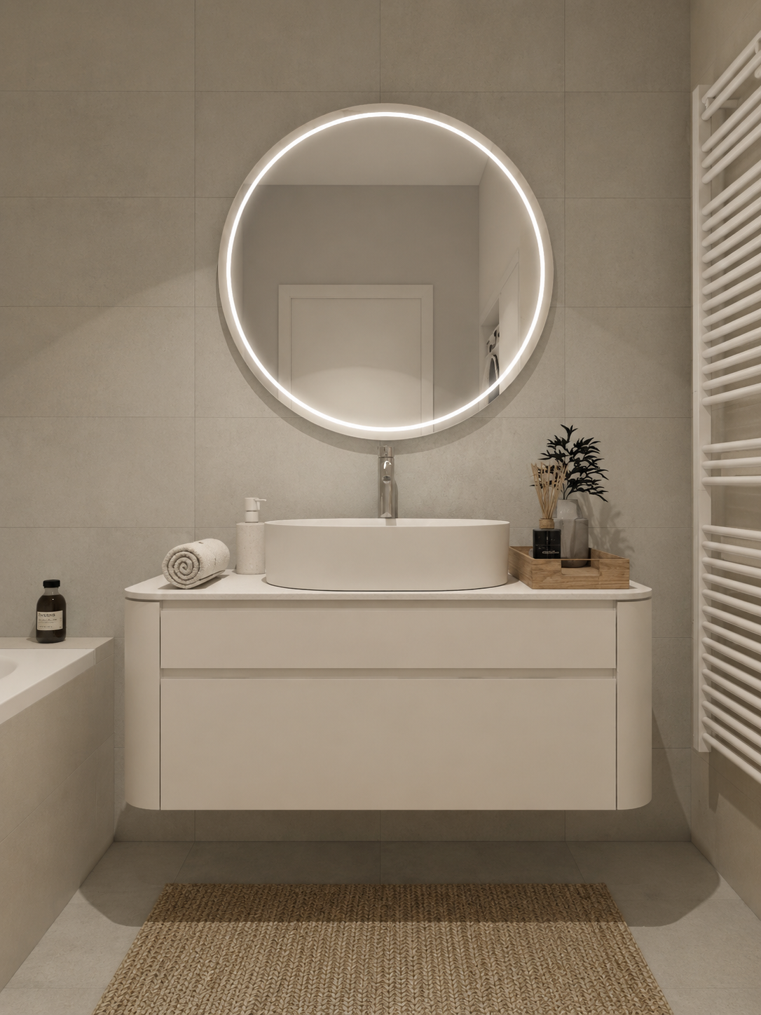 Minimalistická koupelna s prádelní částí v návrhu interiéru bytu u Uherského Hradiště od Obadal Architects. Neutrální obklady, podsvícené zrcadlo a čisté linie vytvářejí elegantní a praktický prostor.
