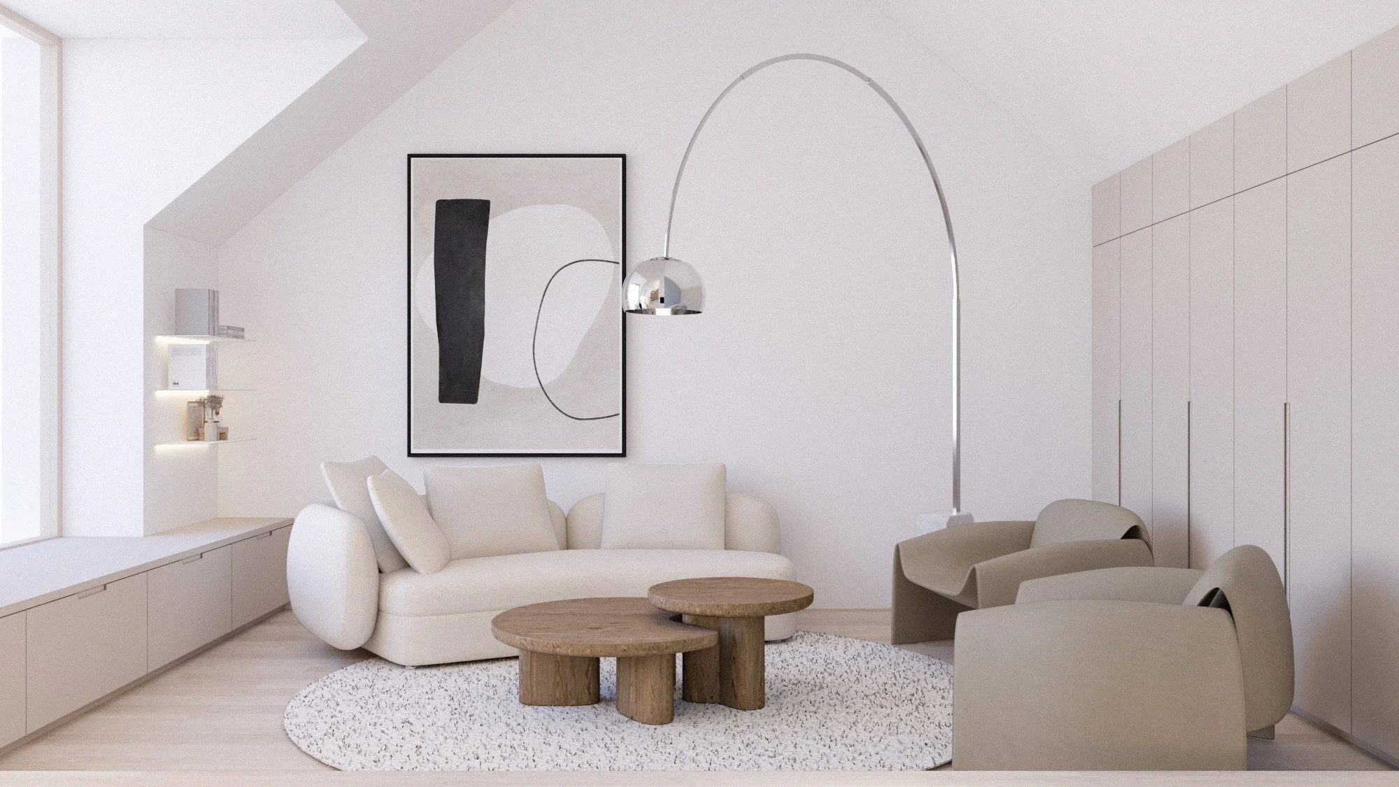 Minimalistický interiér obývacího prostoru v podkrovním bytě