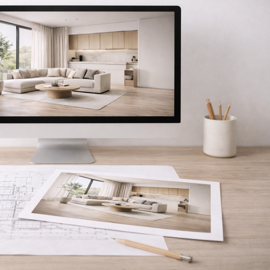 Computer monitor displaying an interior design of a modern living room with a cream sectional sofa, wooden coffee table, and large windows. Photos of the room are on the desk along with a pencil, and a cup holding pencils and pens.