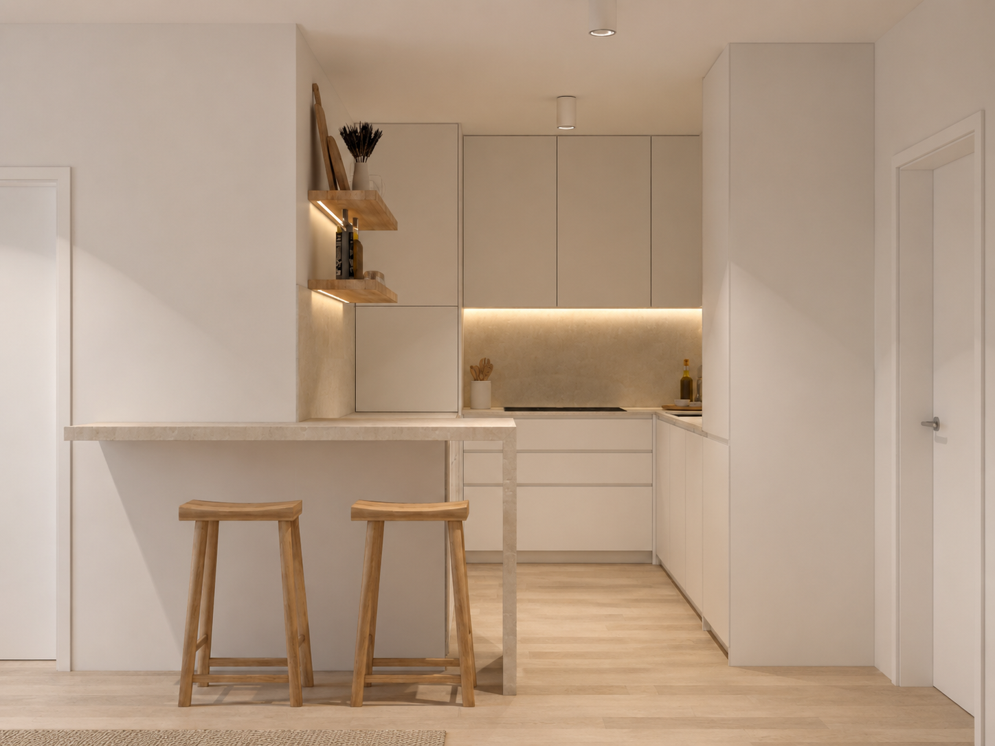 Návrh interiéru bytu u Uherského Hradiště od studia Obadal Architects - světlá minimalistická kuchyně s přírodními materiály, dřevěnými detaily a kamenným dekorem pracovní desky.