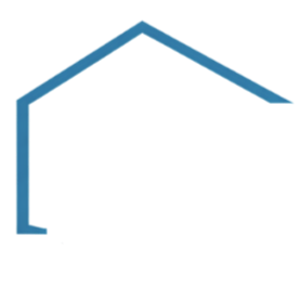 Illustration of a house outline with a roof, walls, and a chimney, drawn in blue.