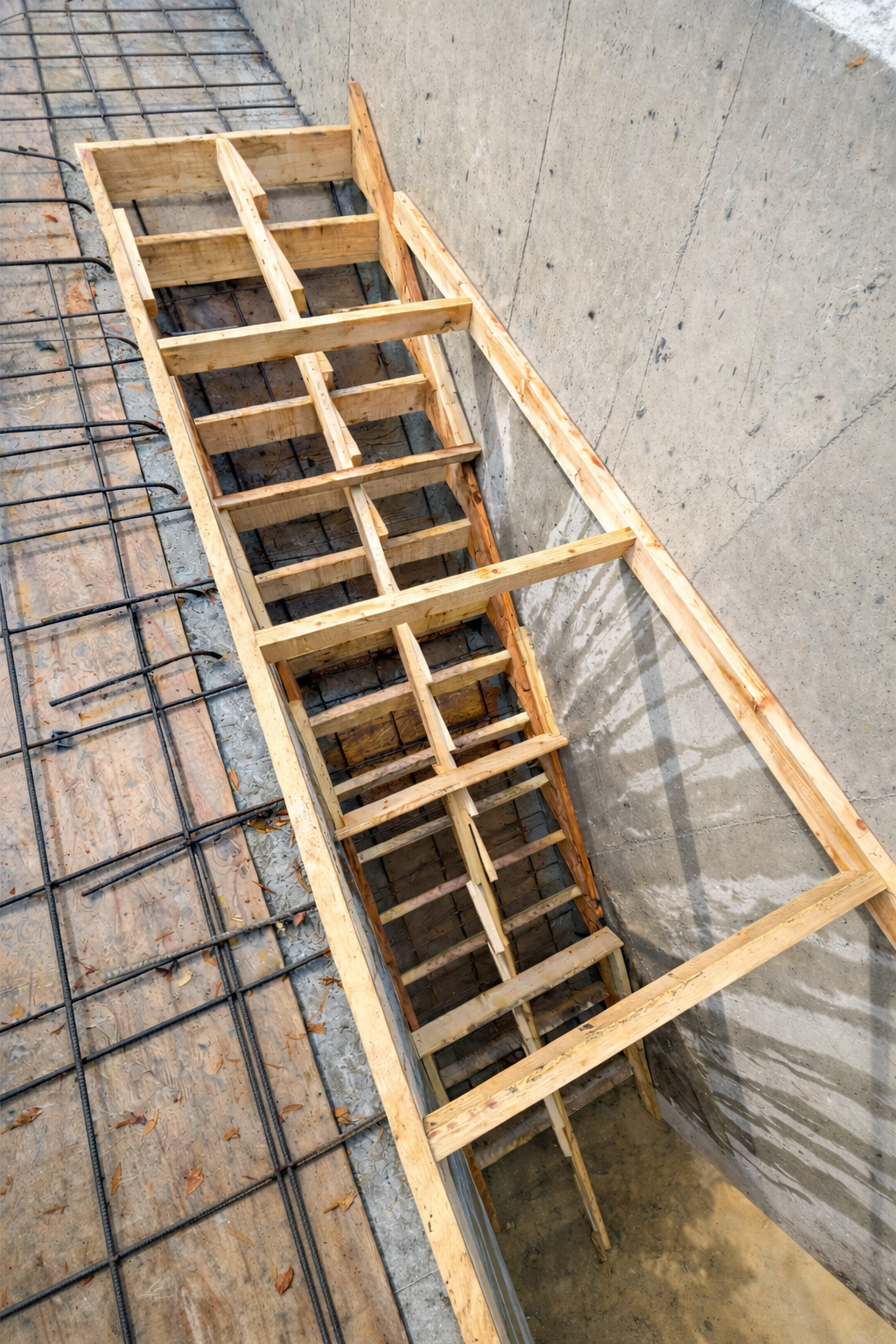 Wood framing and rebar in a concrete foundation on a construction site.