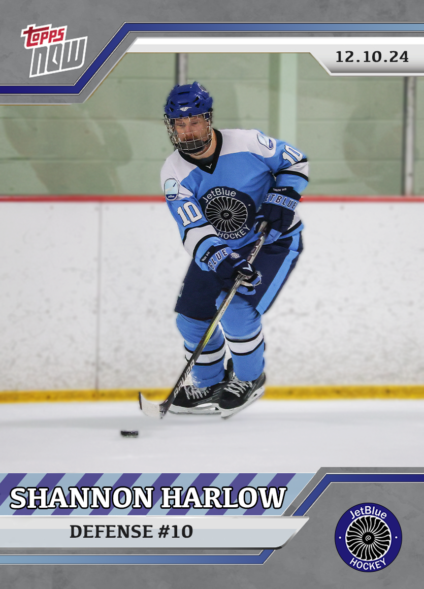 Hockey player in blue and white uniform with number 10, wearing a helmet, gloves, and skates, playing ice hockey on the rink. The card features the name Shannon Harlow, position defense, number 10, and the JetBlue Hockey logo.