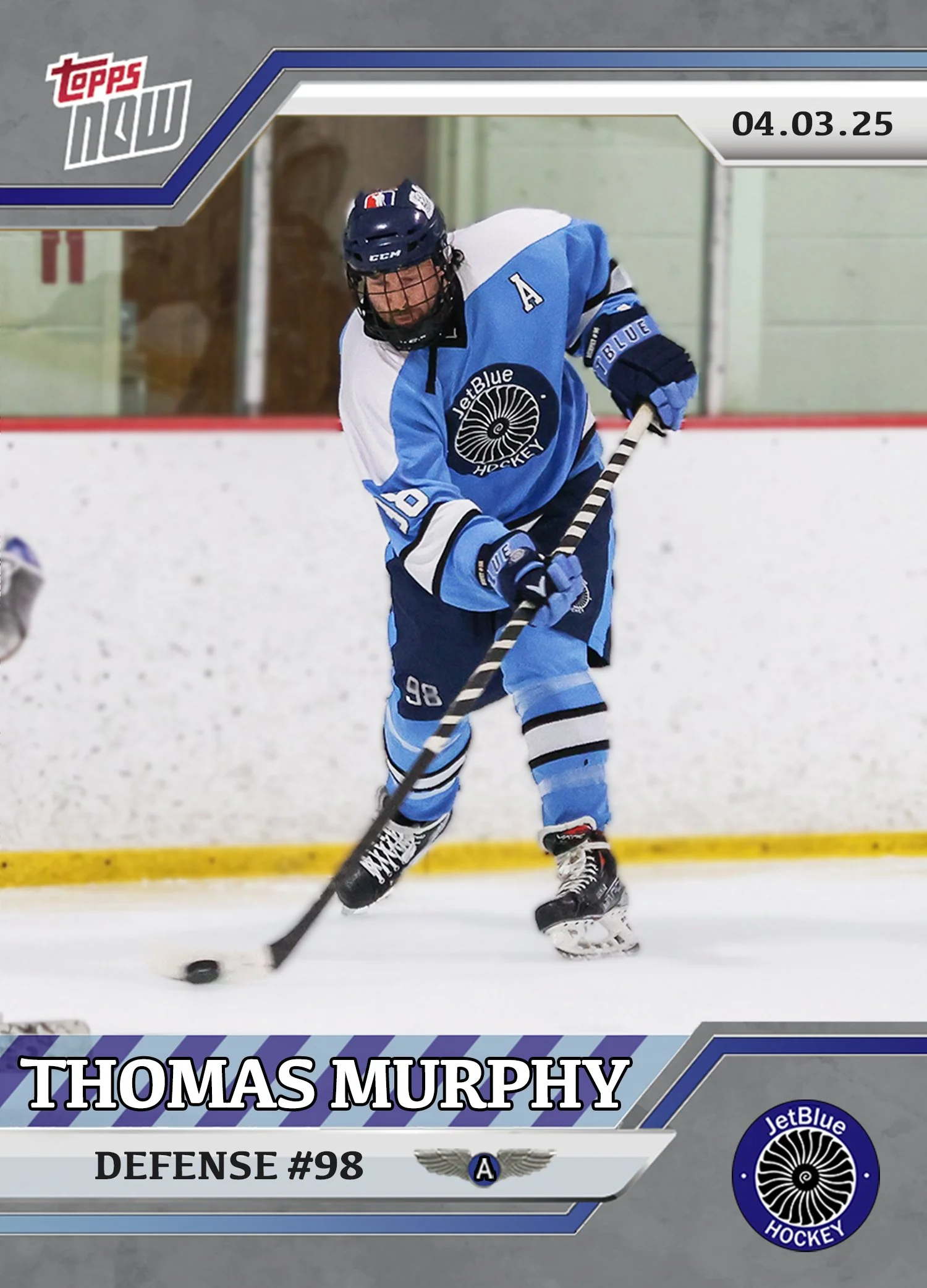 Hockey card featuring a player in a blue and white JetBlue Hockey jersey, helmet, and equipment, skating on ice with a hockey stick, with the name Thomas Murphy and the number 98.