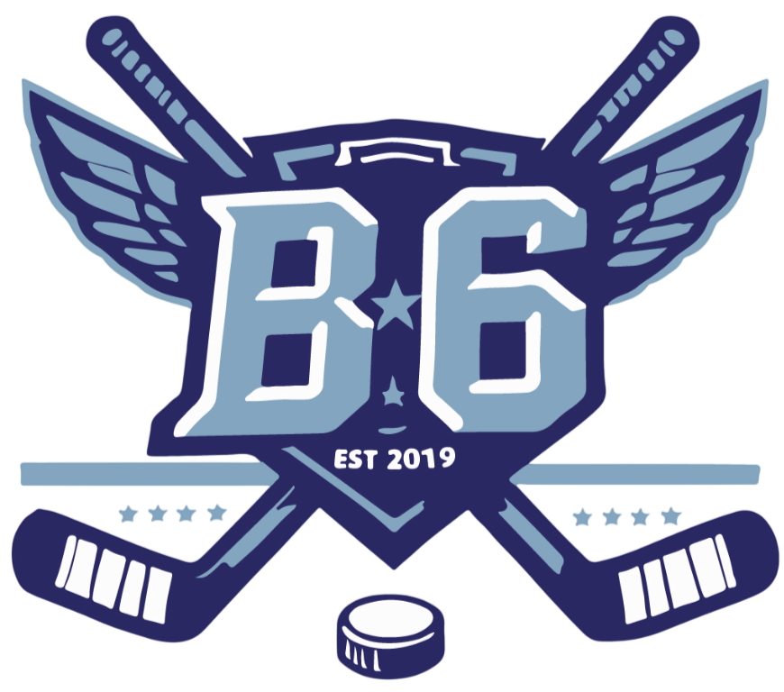 Logo with wings, hockey sticks, a puck, and the text "B6 EST 2019".