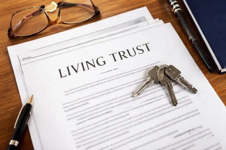 A document titled 'LIVING TRUST' on a wooden desk with keys, glasses, pens, and notebooks.
