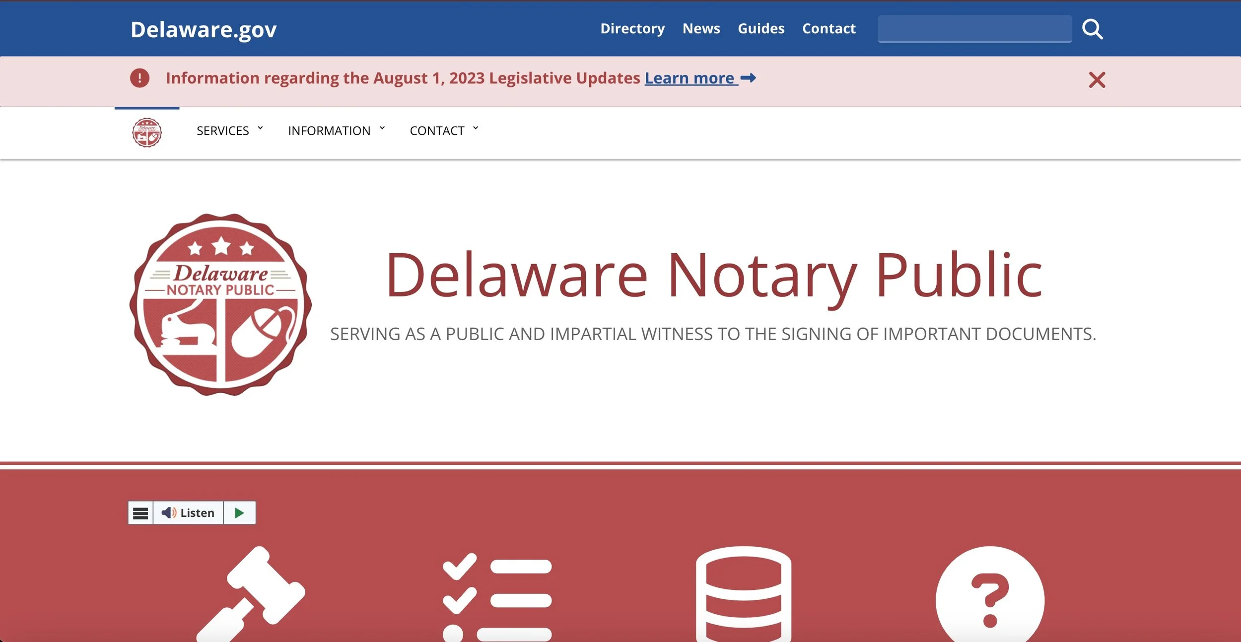 Homepage screenshot of the official Delaware Notary Public website, featuring a red circular logo with a notary stamp and computer mouse icon next to the large text "Delaware Notary Public...