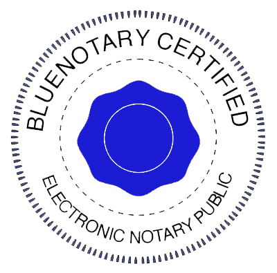A digital badge with a circular border, having the words 'Bureau Notary Certified' at the top and 'Electronic Notary Pub.' at the bottom, and a blue seal in the center.