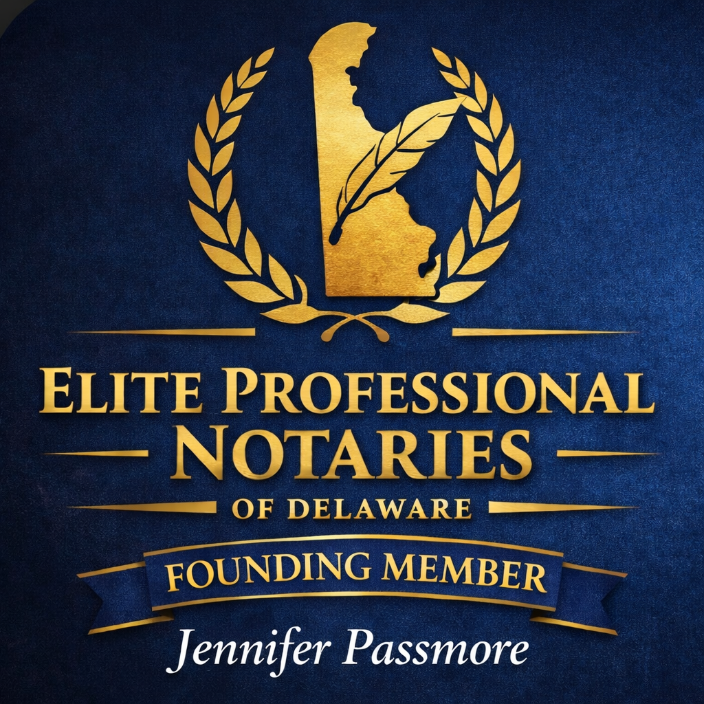 A badge with a dark blue background featuring a gold laurel wreath surrounding a gold outline of the state of Delaware. Inside the outline, there's a gold feather quill. Below, text reads "Elite Professional Notaries of Delaware" in large gold letters, with a blue ribbon banner underneath that says "Founding Member" in gold, and the name "Jennifer Passmore" in white cursive at the bottom.